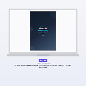 May include: A digital display of the LiteLLM AI Gateway handbook cover on a laptop screen. The dark blue cover features the text LiteLLM AI Gateway, Building Production Ready LLM Infrastructure, and the author name, presented in a clean layout.