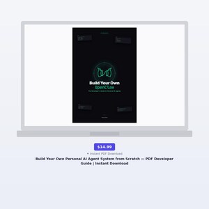 May include: A digital document cover displayed on a laptop screen with a black background, featuring a central green circular logo and the text Build Your Own OpenClaw The Developer's Guide to Personal AI Agents, surrounded by small code snippets.