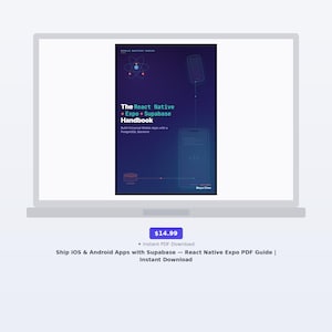 May include: A digital book cover titled The React Native + Expo + Supabase Handbook, featuring a dark blue background with a white atom icon, a smartphone outline, and a database cylinder icon connected by thin lines, authored by Maya Chen.