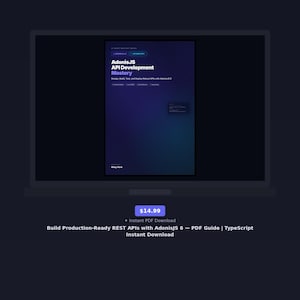以下が含まれることがあります： ノートパソコンの画面に表示された「AdonisJS API Development Mastery」というタイトルのデジタルブックカバー。ダークブルーのグラデーションのカバーには、サブタイトルの「Design, Build, Test, and Deploy Robust APIs with AdonisJS 6」を含む白いテキストが記載されています。