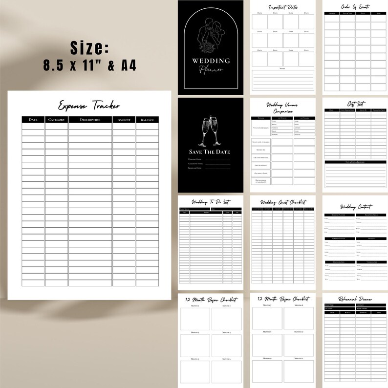 Minimalist Wedding Planner, Black and White, Wedding Itinerary, Budget ...