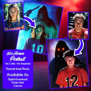 Custom 80&#39;s Horror Movie Portrait | Personalized 80&#39;s Horror-Themed Art from Your Photo | Vintage Scary Movie Illustration