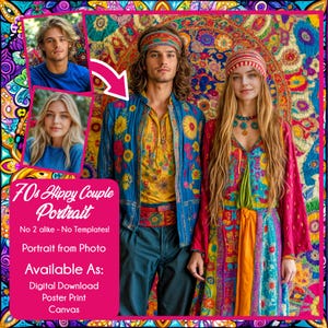 Custom 70’s Hippie Couple Portrait | Personalized Boho Art from Your Photo | Groovy Love Illustration