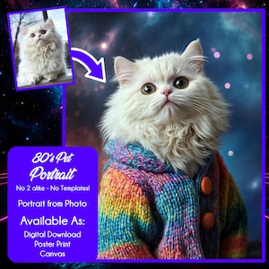 Custom 80s Style Cheesy Pet Portrait | Personalized Retro Art from Your Pets Photo | Bold & Iconic Vintage Illustration