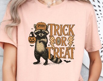 Trick or Treat Raccoon Halloween T Shirt, Retro Spooky Raccoon Shirt, Trick or Treat Gift,Gag Meme Halloween Shirt,Funny Spooky Season Shirt