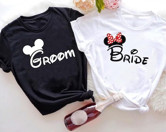 Custom Disney Bride and Groom Tee,Matching Couple Shirt,Flower Mickey Head Shirt, Minnie Flower Shirt,Disney Wedding Gift