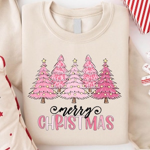 Pink Tree Christmas Sweatshirt, Pink Christmas Sweater, Girly Christmas Gift Sweatshirt, Merry Christmas Sweater, Womens Holiday Crewneck