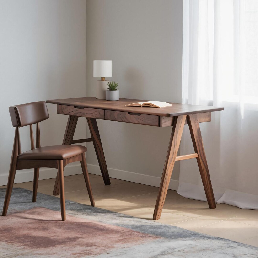 Mid Century Modern Wood Writing Desk With Drawers and Matching Chair ...