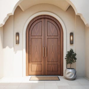 Rustic Arched Double Wooden Front Door for Mediterranean Villa Cottage or Modern Farmhouse Entryway