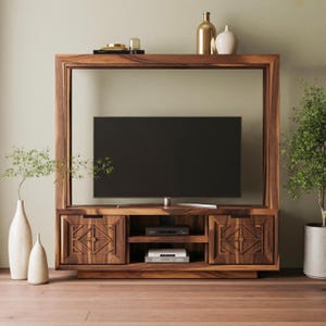 Geometric Carved Wooden TV Frame with Entertainment Storage and Modern Display Cabinet for Living Room Decor