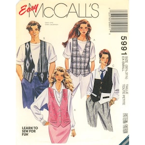May include: A McCall's 5991 sewing pattern envelope for vests, featuring illustrations of four different vest styles. The designs include a patterned vest, a plaid vest, a solid pink vest with buttons, and a solid black vest with a white hem detail.