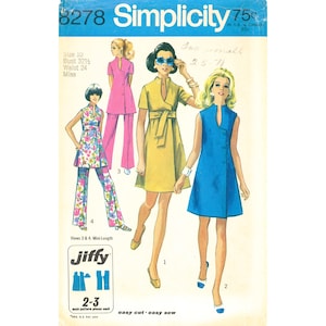 May include: A Simplicity 8278 sewing pattern envelope featuring illustrations of four outfits: a floral tunic with matching pants, a solid pink tunic with pants, a yellow belted mini dress, and a solid blue sleeveless mini dress with buttons.