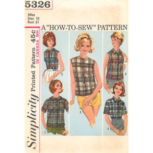 May include: A Simplicity 5326 sewing pattern envelope for a collared shirt with short or sleeveless options. The cover features illustrations of five variations of a plaid shirt in blue, yellow, and red, labeled with size 10 and bust 31.