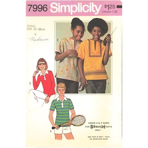 May include: A Simplicity 7996 sewing pattern envelope featuring illustrations of four different shirt styles. The designs include a patterned tunic, a yellow shirt with decorative trim, a red polo shirt, and a green and blue striped polo shirt.
