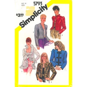 May include: A Simplicity sewing pattern envelope 5793 for size 14 miss. The illustration displays five jacket variations: a white ruffled jacket, a grey jacket, a red jacket with ruffles, a black and gold patterned jacket, and a blue jacket with black trim.