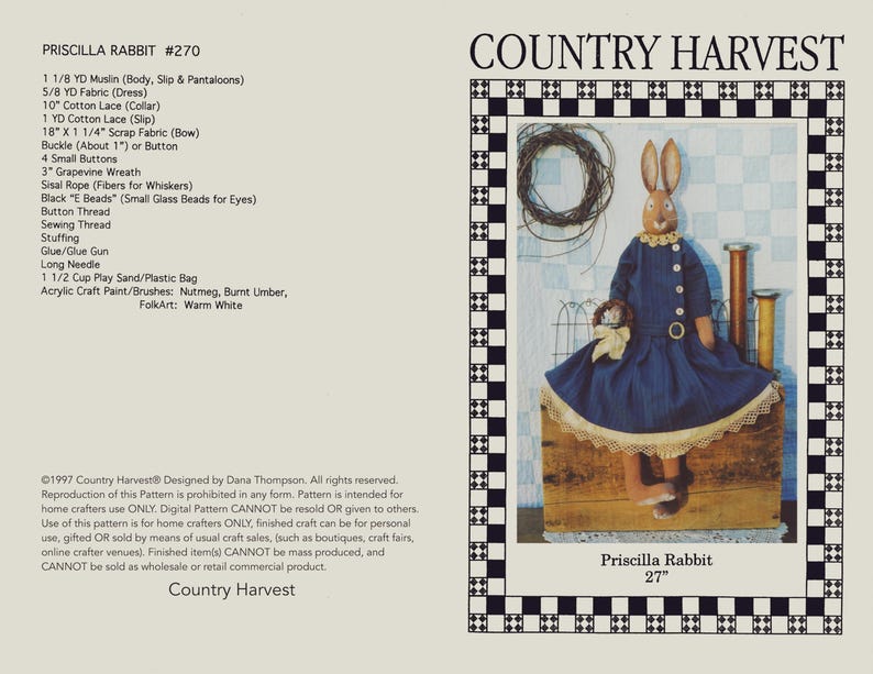 Country Rabbit Craft Printed Paper Pattern Rabbit Friends Country Harvest - Etsy