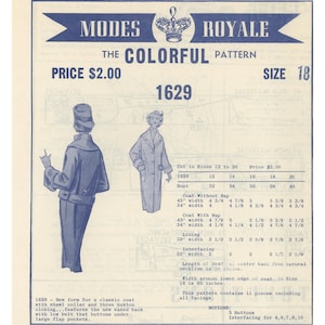 May include: A Modes Royale sewing pattern envelope for a coat, number 1629, size 18. The blue and white graphic features illustrations of a coat with a shawl collar, three buttons, and large flap pockets, along with detailed sizing charts and fabric requirements in inches.