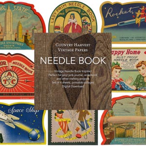 May include: A collection of vintage needle book designs with diverse illustrations and text. The central image shows a heart-shaped paper with the words "NEEDLE BOOK" and "Country Harvest Vintage Papers". Other designs include images of a rocket, a cityscape, and a space ship.