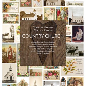 Country Church Ephemera Junk Journal Scrapbook Colagem digital Papéis vintage Colheita do campo