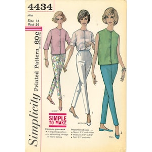 May include: A Simplicity sewing pattern envelope 4434 for Miss size 14, bust 34. The illustration shows three outfits: a pink blouse with floral pants, a striped blouse with white pants, and a green sleeveless top with blue pants.