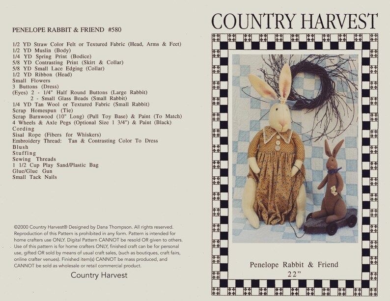 Country Rabbit Craft Penelope Rabbit Country Harvest Digital Pattern - Etsy