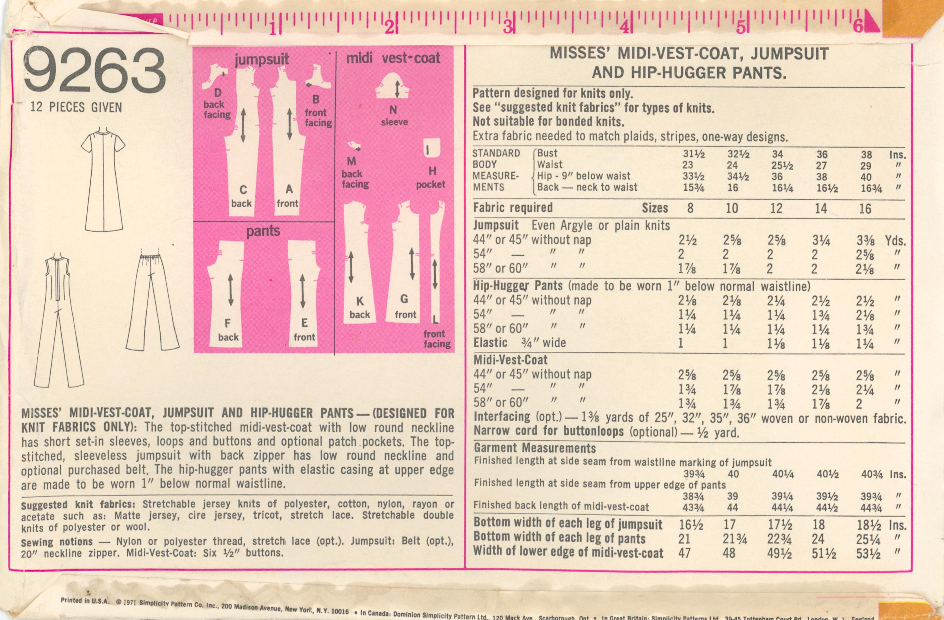 1971 9263 Simplicity Midi-vest-coat, Jumpsuit & Hip-hugger Pants ...