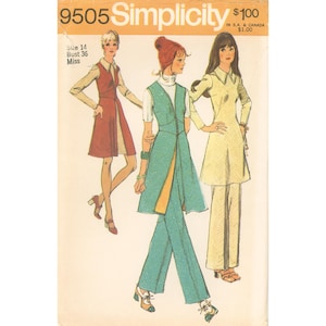 May include: Simplicity 9505 sewing pattern envelope featuring illustrations of three outfits: a red sleeveless dress, a teal vest with matching pants, and a yellow long-sleeved tunic with pants. Text includes 9505, Simplicity, Size 14, Bust 36, Miss.