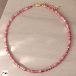 Rosa Rhodonit Perlenkette, Minimalist Boho Halskette, Naturstein Halskette, Zierliche Halskette, Tibetische Halskette, Yoga, 2 x 4 mm