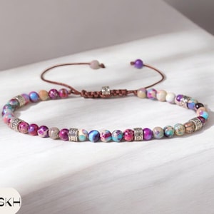 Galaxy Sea Sediment Jasper Bracelet purple Gemstone Bead Minimalist Bracelet 4MM Tiny Bead Stone Bracelet Adjustable Yoga Dainty Bracelet
