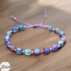 Galaxy Sea Sediment Jasper Bracelet purple Gemstone Bead Minimalist Bracelet 5-7MM Tiny Bead Stone Bracelet Adjustable Yoga Dainty Bracelet