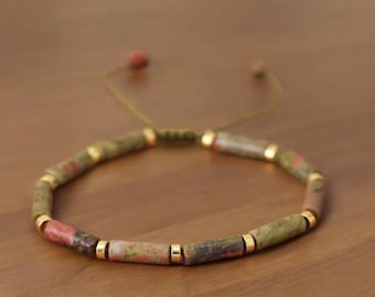Pulsera de cuentas delicadas de piedra natural Unakite de 4 × 13 mm. Pulsera de cuentas de piedra natural, pulsera minimalista, pulsera bohemia tibetana.