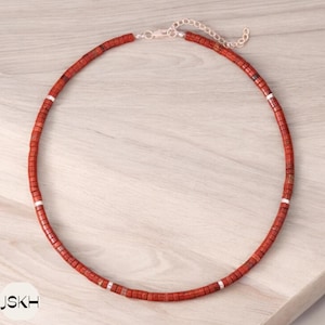 Red Jasper Bead Necklace, Minimalist Bohemian Necklace, Natural Stone Necklace, Dainty Necklace, Tibetan Necklace, Yoga, 2x4mm