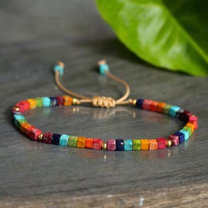 7 Chakra Bracelet natural stone Meditation Bohemian Yoga Bracelet, square beads 4mm Gemstone Bracelet, Balance, power, protection, grounding
