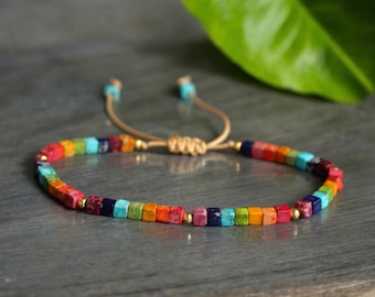 7 Chakra Bracelet natural stone Meditation Bohemian Yoga Bracelet, square beads 4mm Gemstone Bracelet, Balance, power, protection, grounding