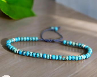 Braccialetto con perline delicate in diaspro blu da 4 mm, bracciale con perline in pietra naturale, bracciale minimalista, bracciale tibetano Boho