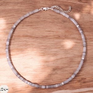 Grey agate Bead Necklace, Minimalist Bohemian Necklace, Natural Stone Necklace, Dainty Necklace, Tibetan Necklace, Yoga, 2x4mm