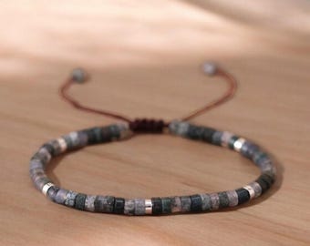 Moss agate Natural stone Minimalist Bracelet dainty Gemstone Bead Bracelet 4mm Tiny Bead Bracelet Adjustable Crystal Dainty Bracel