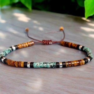 Bracelet oeil de tigre et pierres précieuses jaspe turquoise africain, bracelet bohème yoga minimaliste tibétain réglable, 2 × 4 mm pour elle ou lui