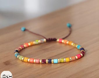 7 Chakra Bracelet natural stone Meditation Bohemian Yoga Bracelet, square beads 4mm Gemstone Bracelet, Balance, power, protection, grounding