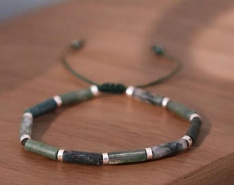 Moss agate Natural stone Minimalist Bracelet dainty Gemstone Bead Bracelet 4×13mm Tiny Bead Bracelet Adjustable Crystal Dainty Bracel