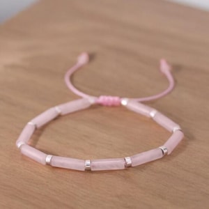 Rose Quartz Natural stone Minimalist Bracelet Rose Quartz Gemstone Bead Bracelet 4×13MM Tiny Bead Bracelet Adjustable Crystal Dainty