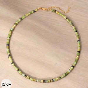 Green grass jasper Bead Necklace, Minimalist Bohemian Necklace, Natural Stone Necklace, Dainty Necklace, Tibetan Necklace, Yoga, 2x4mm