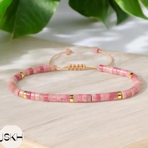 Pink Rhodonite Natural stone Minimalist Bracelet dainty Gemstone Bead Bracelet 4MM Tiny Bead Bracelet Adjustable Crystal Dainty Bracele