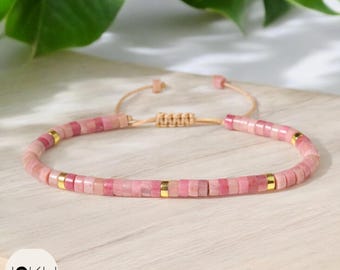 Pink Rhodonite Natural stone Minimalist Bracelet dainty Gemstone Bead Bracelet 4MM Tiny Bead Bracelet Adjustable Crystal Dainty Bracele