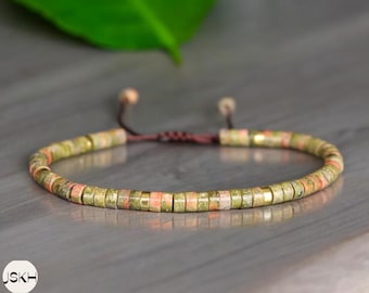 Pulsera delicada de cuentas de piedra natural unakita de 4 mm. Pulsera minimalista de cuentas de piedra natural, estilo tibetano y bohemio.