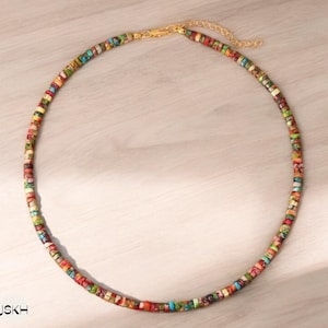 Collar de cuentas de jaspe multicolor, collar bohemio minimalista, collar de piedra natural, collar delicado, collar tibetano, yoga, 2 x 4 mm