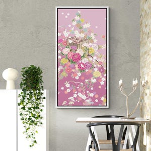 日本の花のアート | 日本の着物柄 | 季節の花 | ウォールアートプリント | 額入りキャンバス | Japandi ホームデコレーション | ポートレート 1:2