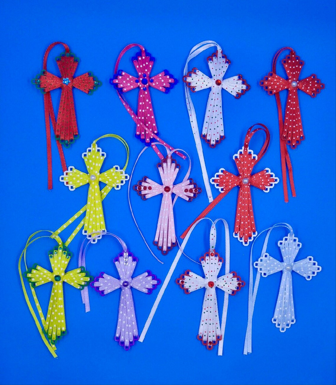 Color Plastic Canvas Crosses Made W/ Polkadot Ribbon, Pearls and Gems