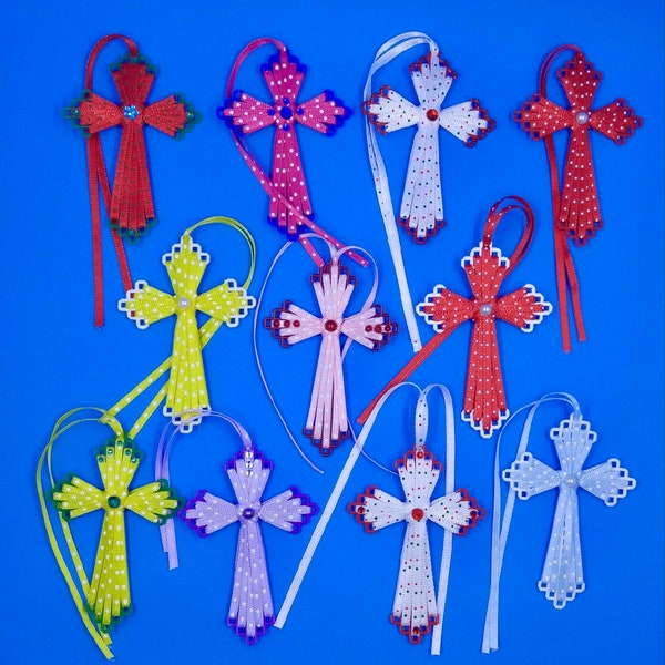 Color Plastic Canvas Crosses Made w/ Polka-Dot Ribbon, Pearls and Gems.