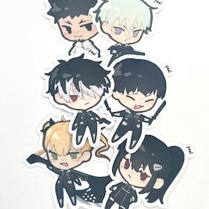 May include: Set of six anime-style character stickers. The stickers are printed on white paper and feature characters with black hair, blonde hair, and green hair. The stickers have a peel-off backing.